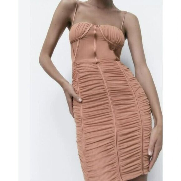 NWOT Zara dusty rose ruched tulle corset mini dress, XS - Picture 2 of 16